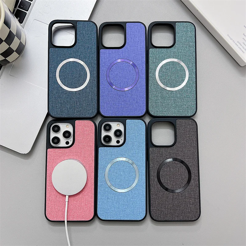 For iPhone 16 15 14 13 12 Pro Max Plus For Magsafe Fashion Magnetic Linen Patterned Phone Case Shock Resistant Protective Case