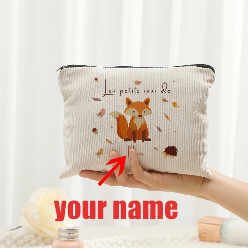 Customizable with Name Fox Patterns Corduroy Zipper Cosmetic Makeup Bag for Sister Brother Friend Children's Birthday Christmas