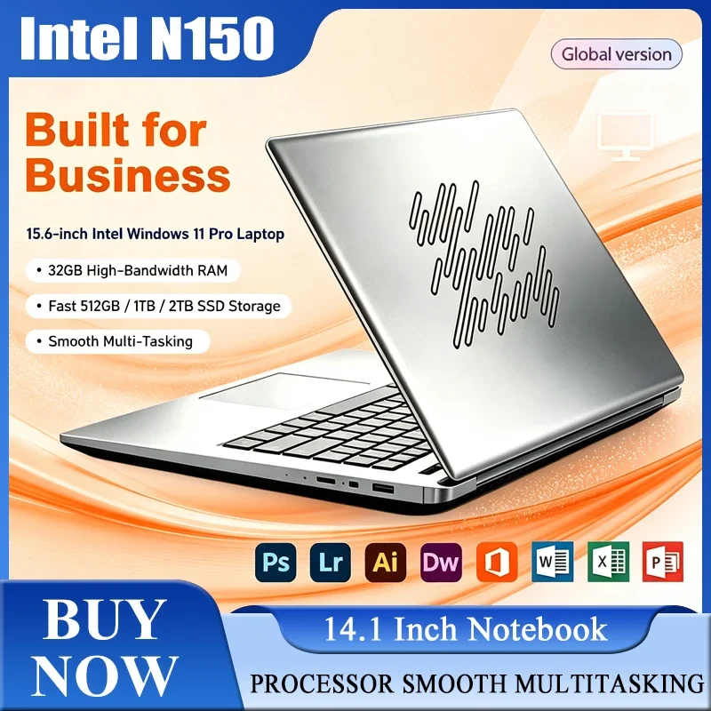 New 14.1'' Laptop Intel Core N150 32GB 2TB Gaming PC Ultra Slim Office Study Computer PC Windows 11 Pro 1920*1080 HD