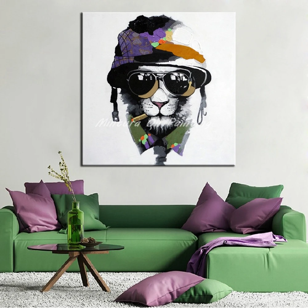 Mintura Frameless Picture Handpainted Abstract Animal Oil Painting on Canvas,Cartoon Lion Modern Home Decoration for Living Room