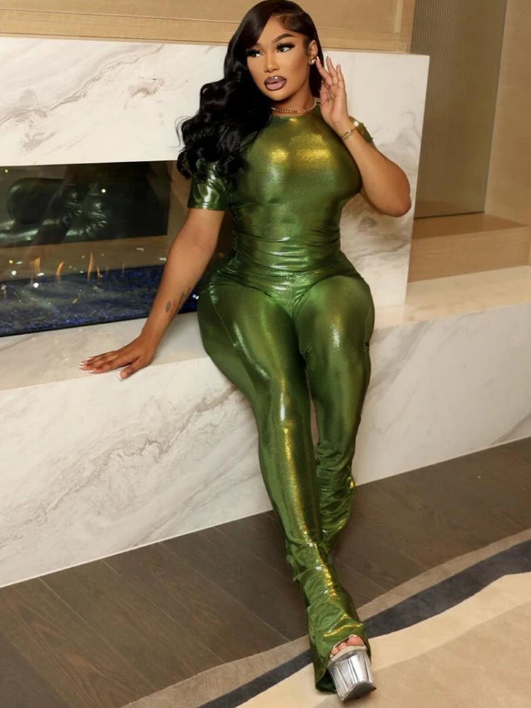 Cutenew Hipster Shiny Silky 2-Piece Set Women Chic Shorts Sleeve Crop Tops+Pants Midnight Streetwear Skinny Summer Trend Outfits