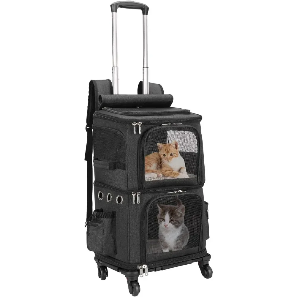 

Double-Compartment Pet Carrier Backpack with Wheels for Small Cats and Dogs, Cat Rolling Carrier for 2 Cats, for Traveling