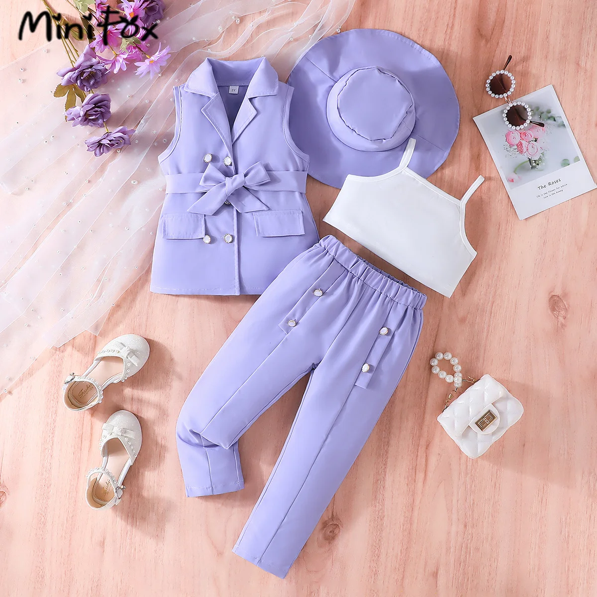 MiniFox 5PCS Kids Clothes Girls Blazer Outfit Sets Sleeveless Belt Blazer and Button Trousers+Vest+Hat Summer Suit Set For Girls