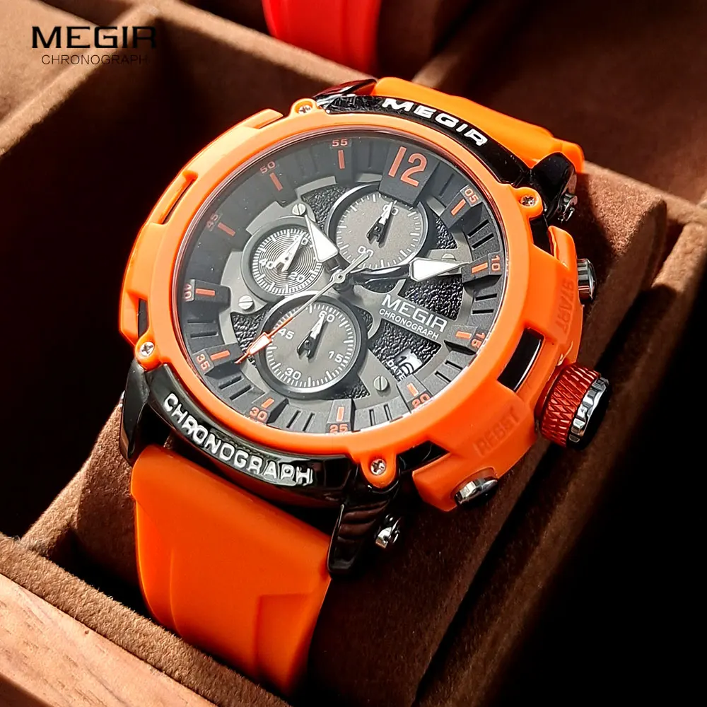 MEGIR Orange Sport Watches for Men Fashion Waterproof Luminous Chronograph Quartz Wristwatch with Auto Date Silicone Strap 2208