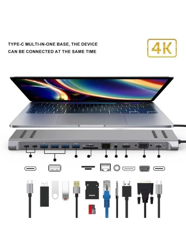 Y1UB 14 in 1 Type C Hubs Multiports Adapter with VGA PD3.0 Ethernet RJ45 TF Card USB C Port for Laptops Smartphones