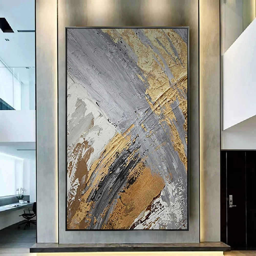 

Handmade Canvas Oil Painting Abstract Gold Foil Thick Texture Cuadros Line Paintings Decor Living Room Large Home Trim Pictures