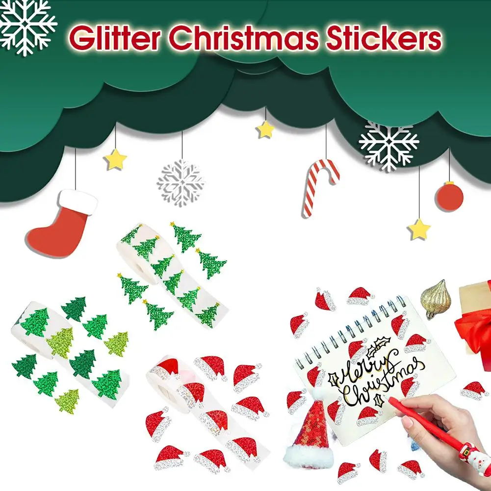 Christmas Glitter Stickers Santa Hat Christmas Tree Decorations Mug Wrapping Xmas Decals Gift Card Scrapbooking Shapes Part E6I1