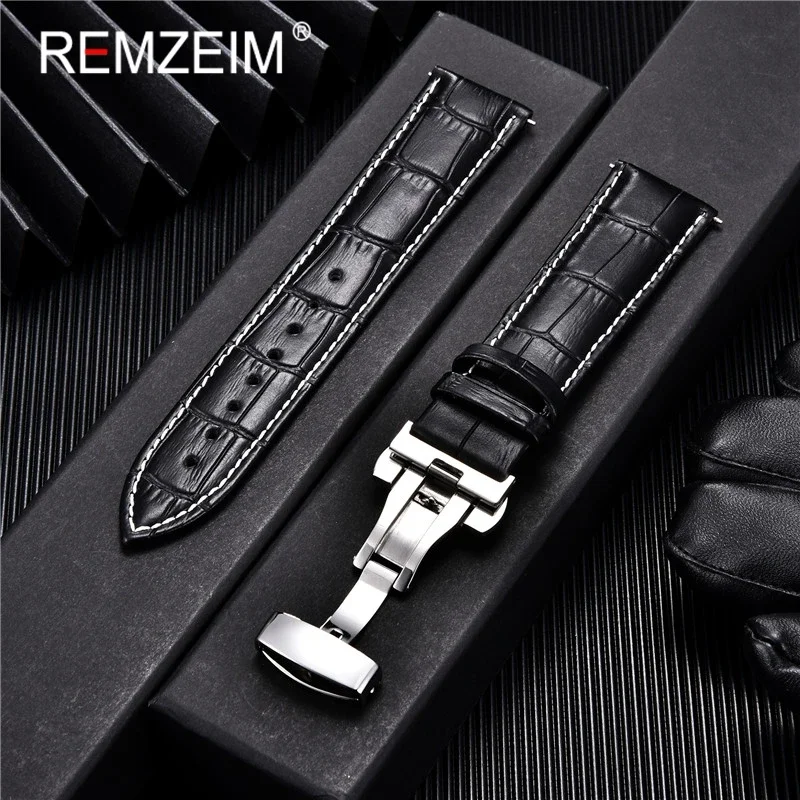 REMZEIM Genuine Leather Watch Strap 18/20/22/24mm Universal Soft Wrist Belt Bracelet Watchband With Butterfly Buckle Brown Black