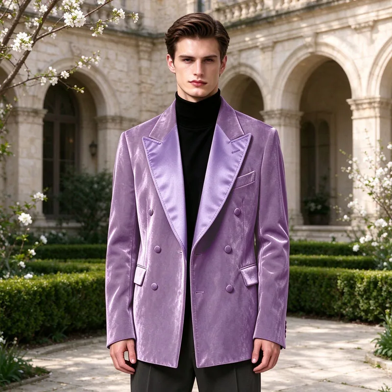 Luxury Men Velvet Blazer Satin Peak Lapel Double Breasted SlimFit Suit Jacket Business Casual Tuxedo Coat for Wedding Prom Party