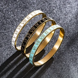 New Design Cuff Bracelet Bangl Enamel Carving Roman Numeral Couple Roman Bangle For Men Women Stainless Steel Jewelry