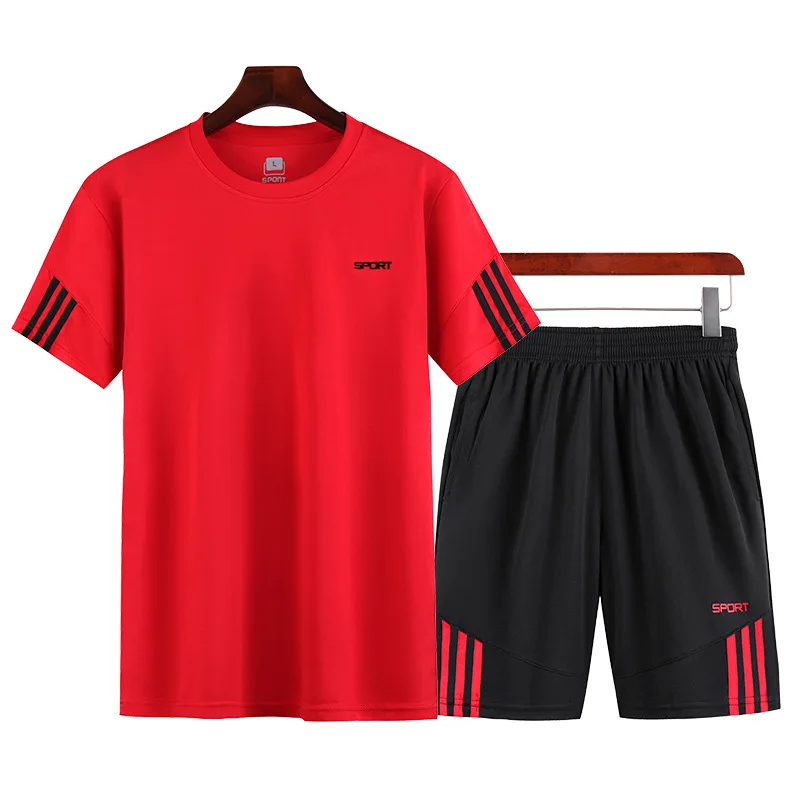Summer Running Suit Men Plus Size Casual Sports Fitness Quick Drying Set Round Neck Short Sleeve T-shirt Shorts Two Piece Set