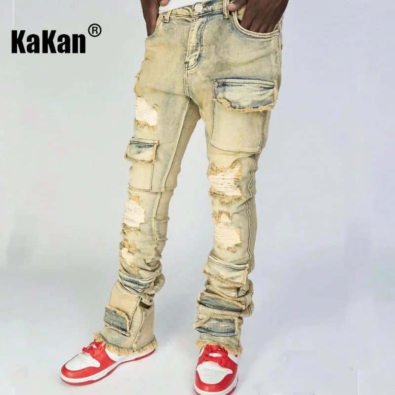 

Мужские брюки Kakan, новые мужские мотоциклистские ботинки, рабочая одежда, джинсы, рваные мешковатые джинсы Y2k, длинные джинсы