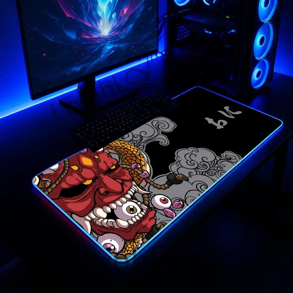 

RGB Gaming Mouse Pad: Japanese Samurai Demon Design Backlit Gaming Desk Mat Illuminated Mouse Pad XXL Rug Accessory Desktop Pad