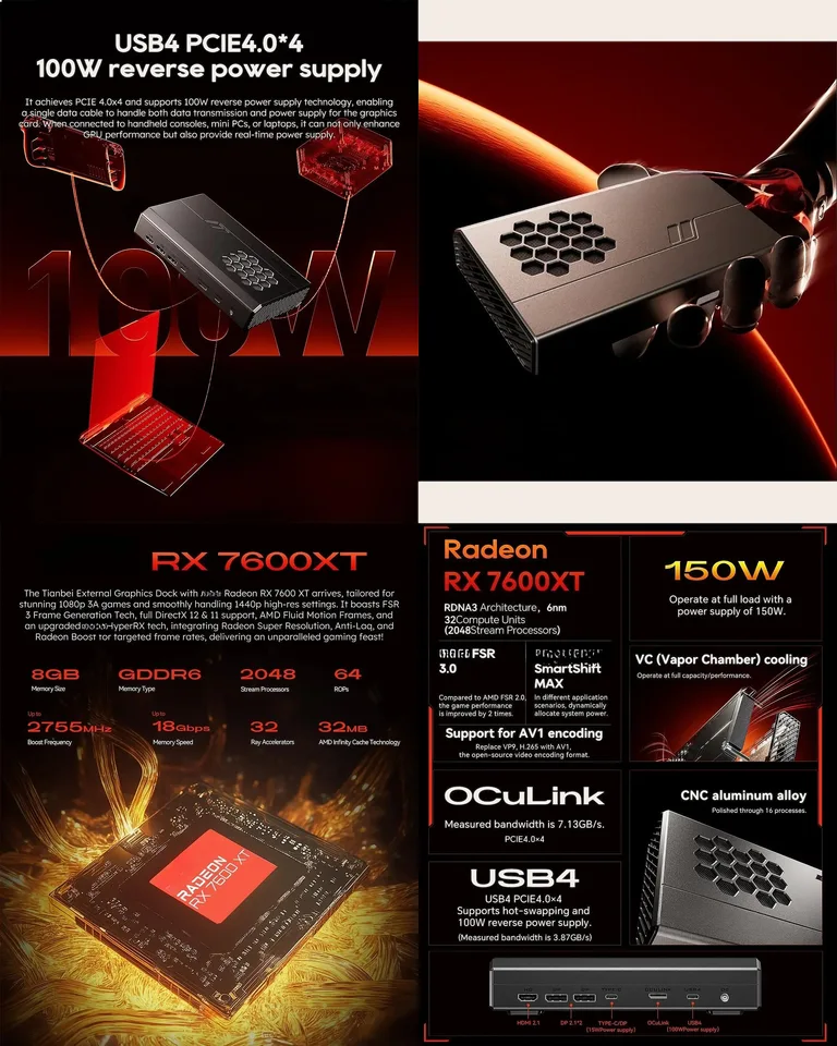 외장 GPU 도크 RX 7600 XT 8GB GDDR6 RDNA3 Oculink PCIe4.0 USB4 240W 노트북용 썸네일 7