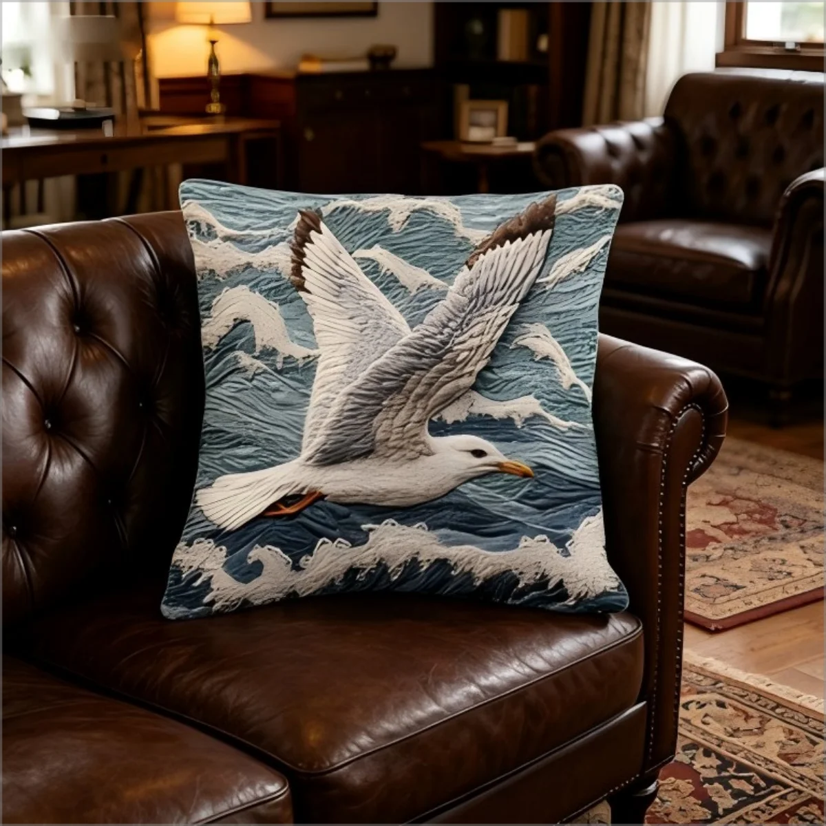 Seagull Throw Pillow Cover, Ocean Wave Style Nautical Decorative Pillow Case
