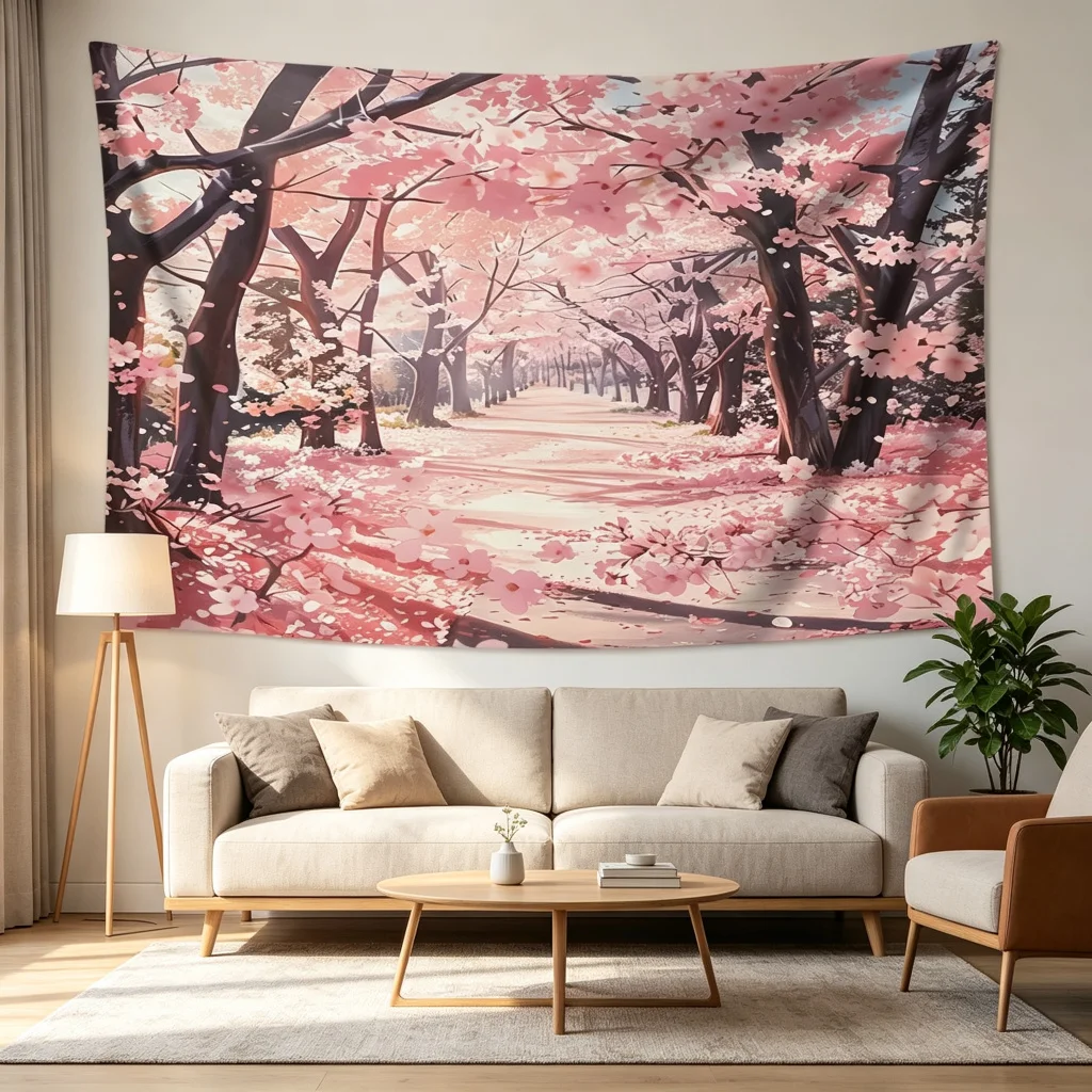 1PC Cherry Blossom Path Print Backdrop Banner, Bedroom Photo Background, Polyester Wall Hanging, Home Decor, Wall Art
