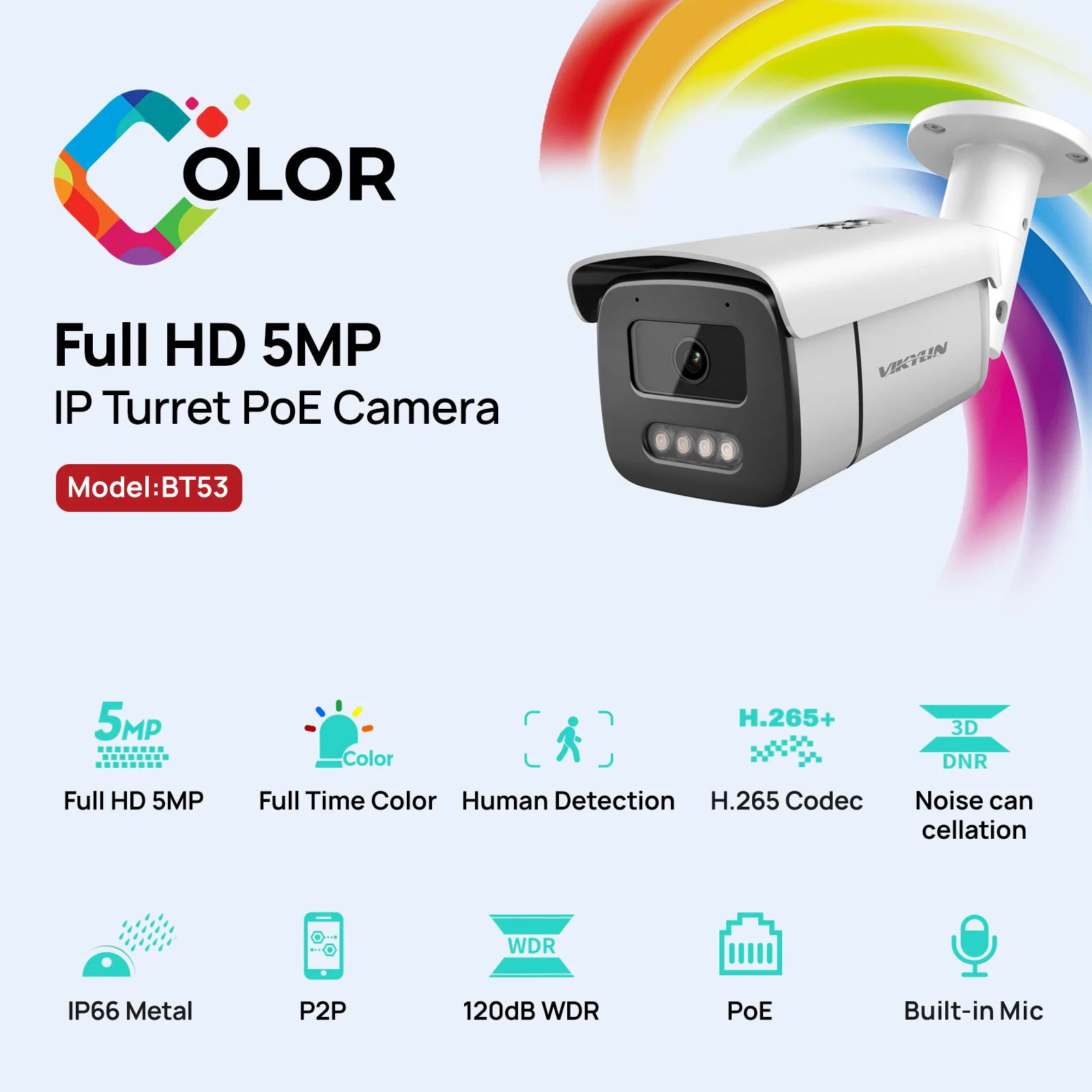 Vikylin 5MP Full Color Night Vision Bullet IP Camera Motion Detection Outdoor Home Video Surveillance POE Camera Metal Housing