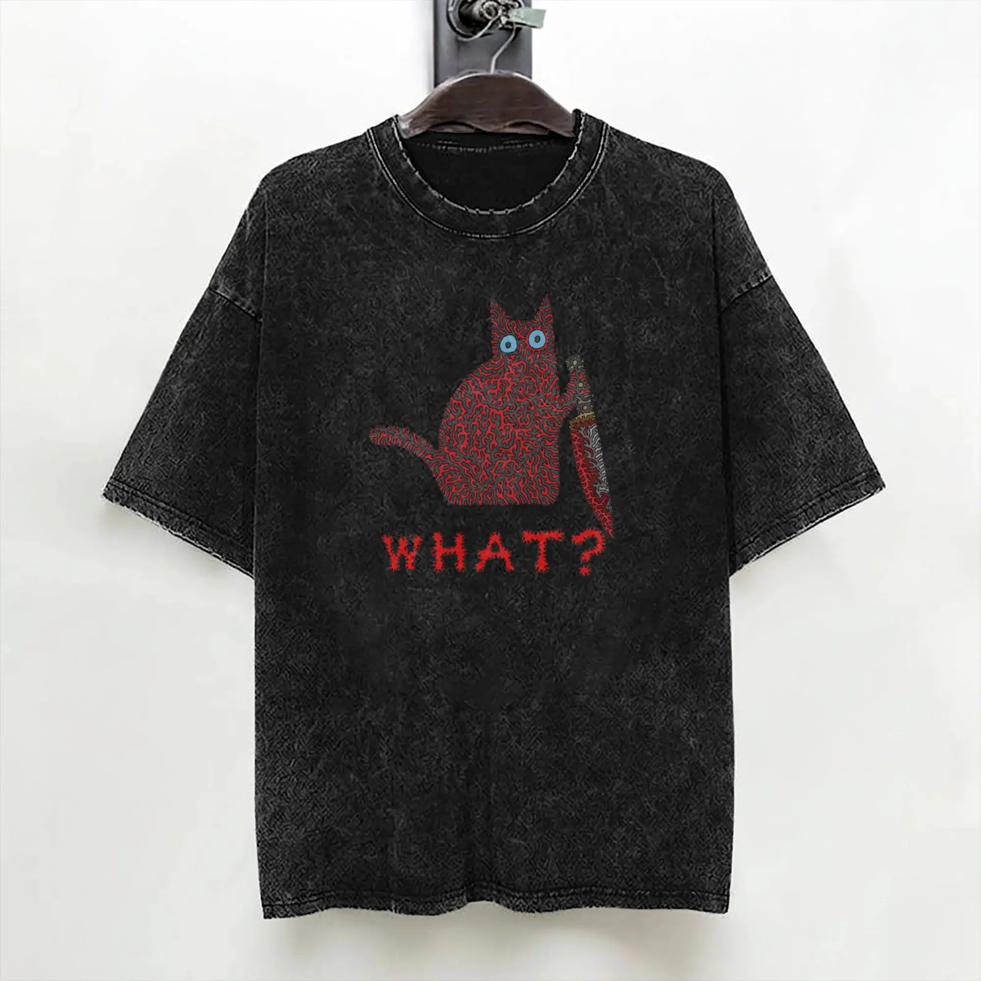 What Cat With a Knife Washed T Shirts Streetwear Hip Hop Cool T-Shirt  Tees Men Women 100% Cotton Oversize Graphic