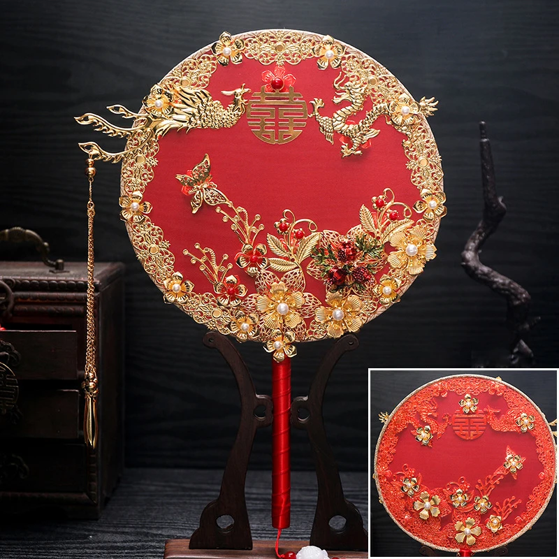 Double Sided Chinese Fan Antique Style Red Fan Round Hand Fan Wedding Ceremony Handmade Decoration