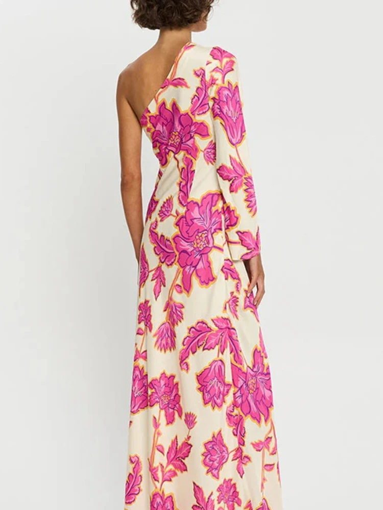 2025 الصيف موضة جديدة البوهيمي أنيقة مثير مائل الكتف التخسيس مطبوعة عطلة حفلة فستان طويل من الساتان #2