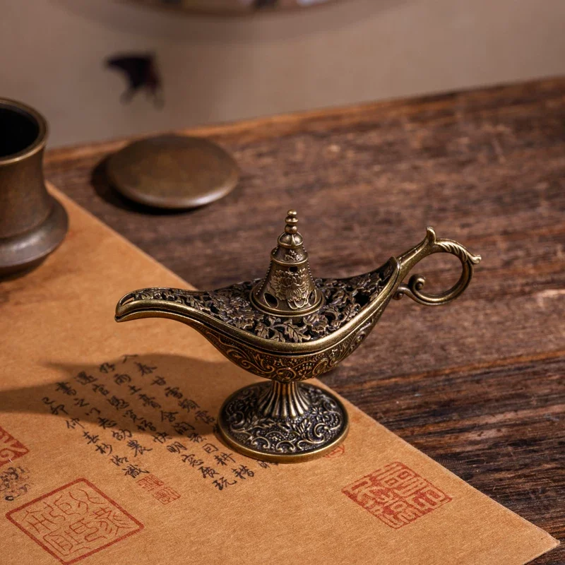 Weihrauchbrenner Magische Lampe Zinklegierung Vintage Hohlgeschnitzt Räucherofen für Weihrauchtabletten Meditation Zen Wohndekoration Dekoartikel Geschenk – Detail 9