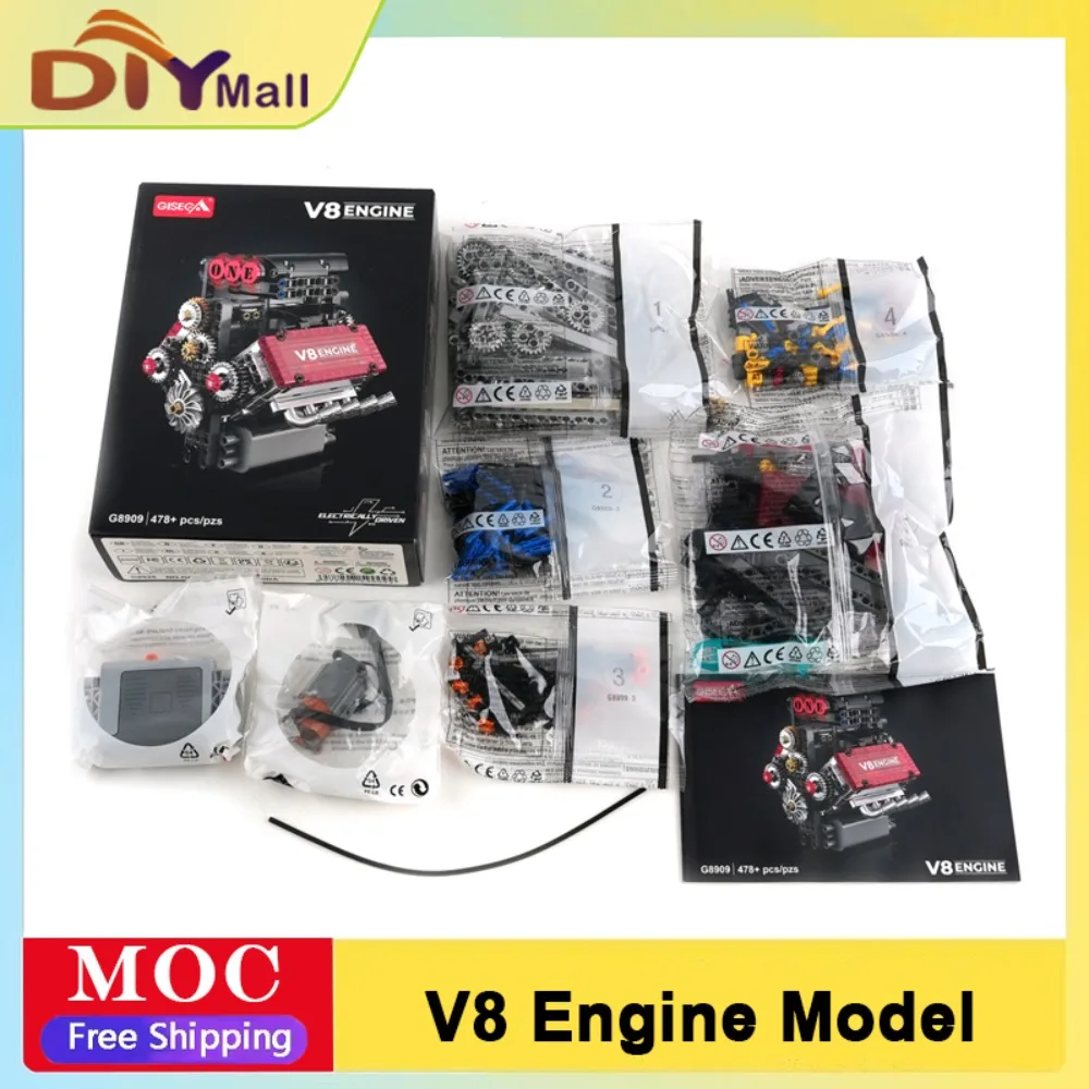 G8909 478PCS V8 Engine Building Kit Motorized Car Model Simulation Model Electrically Drive STEM Educational Toy for Kids Adults