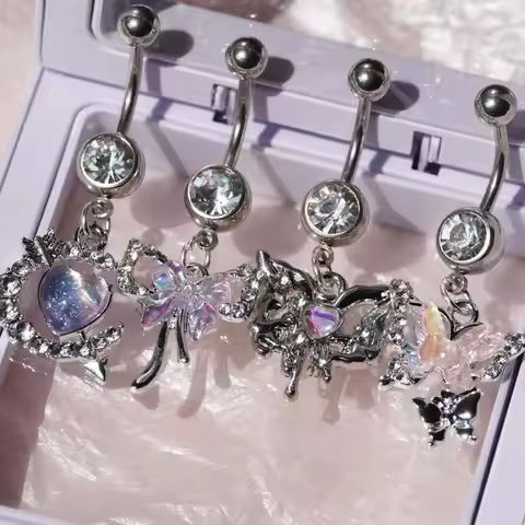 1PC Silver Color Punk Belly Button Rings Round Crystal Heart Belly Ring For Women Stainless Steel Dangled Navel Piercing