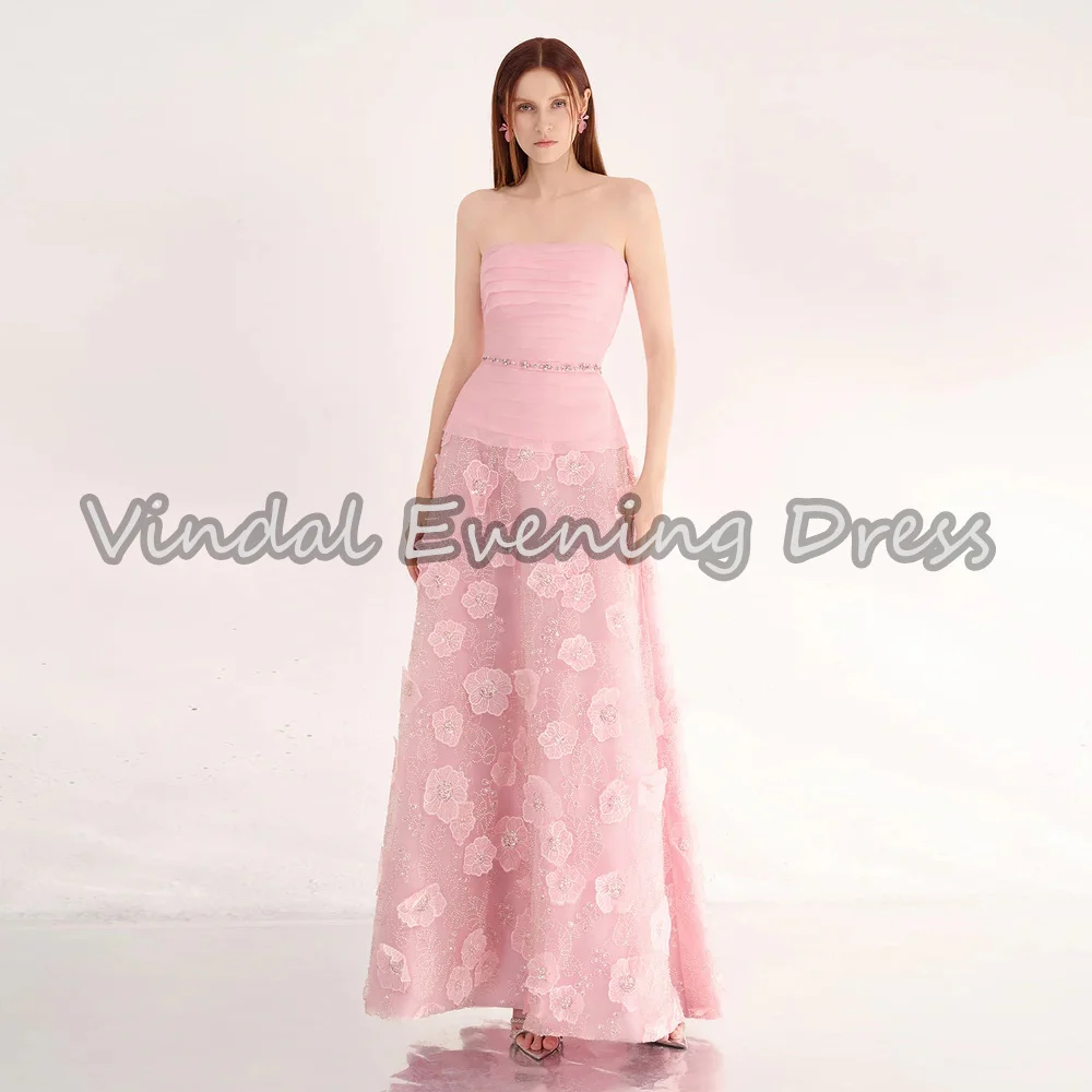 

Vindal Chiffon A-line Strapless 3D Flowers Pleats Floor Length Simple Saudi Evening Party Dresses For Women 2025 With Sleeveless