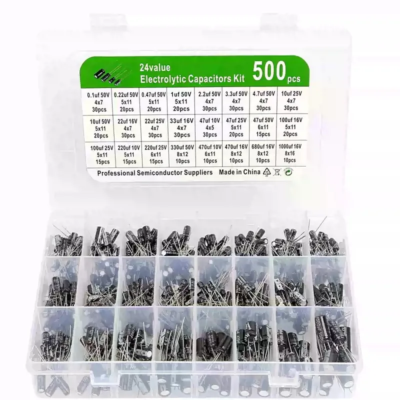 

500Pcs/lot 0.1UF-1000UF 24Values Aluminum Electrolytic Capacitors 10-50V mix Electrolytic capacitor Assorted kit and storage box