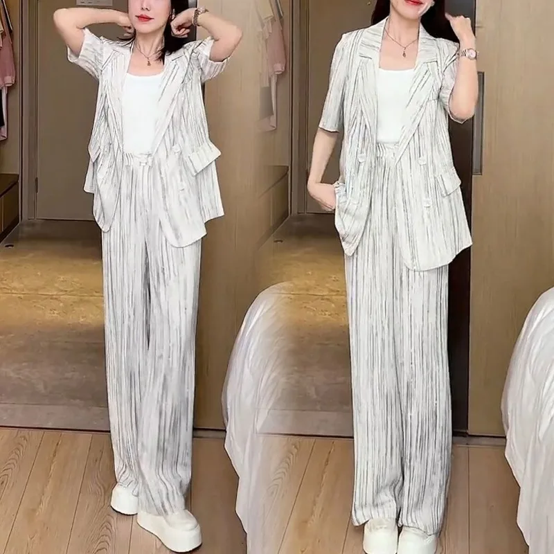 2025 여름 여성 느슨한 짧은 소매 블레이저 넓은 다리 바지 두 조각 세트 Office 레이디 캐주얼 정장 재킷 바지 의상