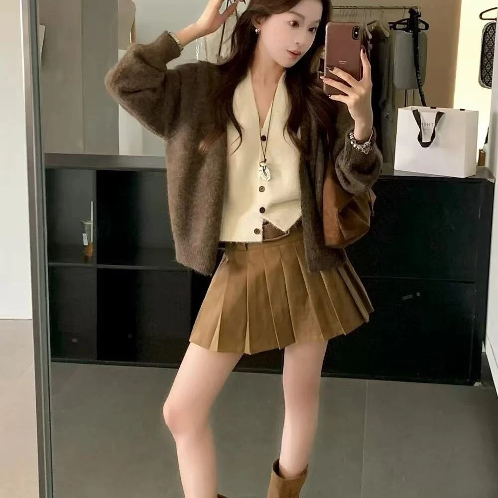 

Autumn Winter New Style Casual Slimming Versatile Open Cardigan Princess Sleeve Loose Women's Knitted Sweater Coat Color Block