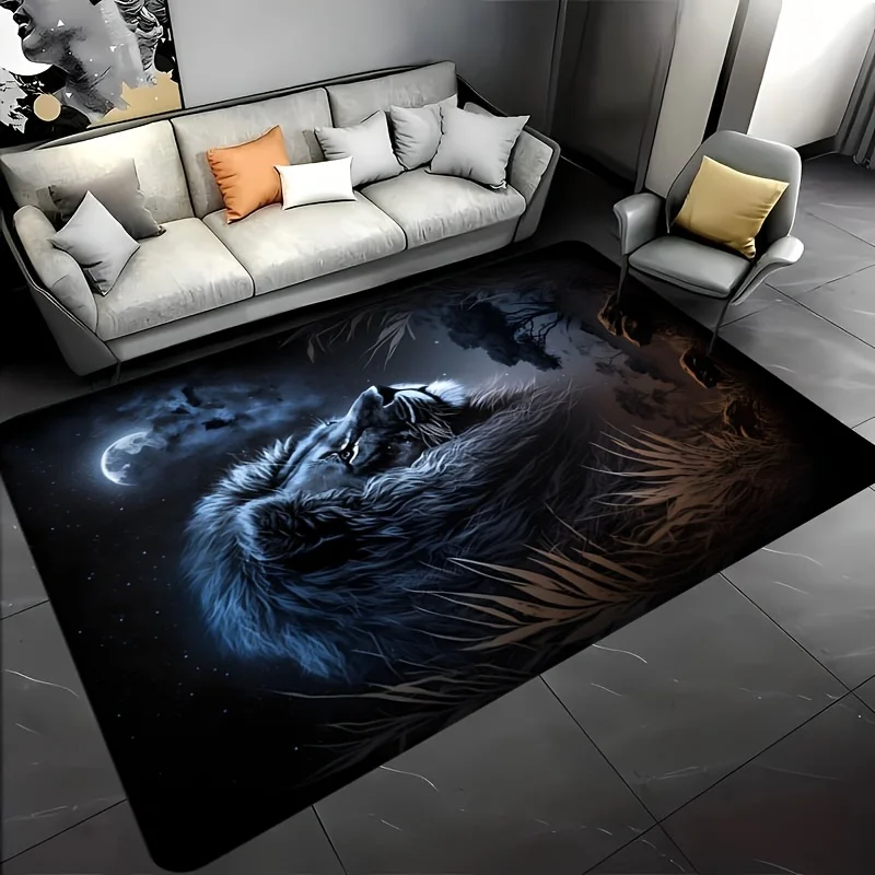Starry Night Lion Floor Mat - Creative Golden Animal Design Area Rug - Indoor Home Decor Bedroom Living Room Laundry Carpet Rug