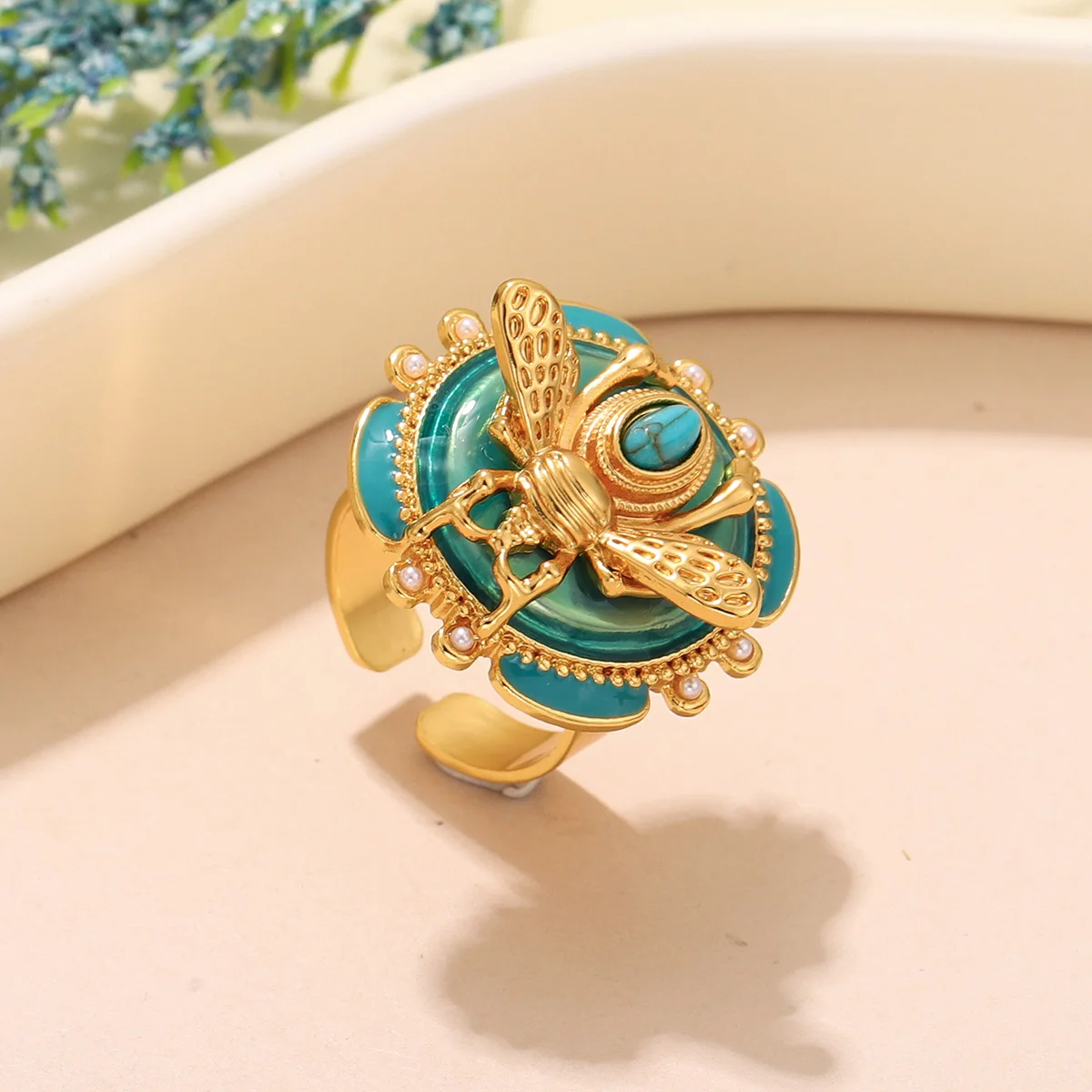 Elegant Green Enamel Bee Ring - Gold Plated Open Cuff Ring with Turquoise & Pearl Beads - Fashion Jewelry Gift - Image 6