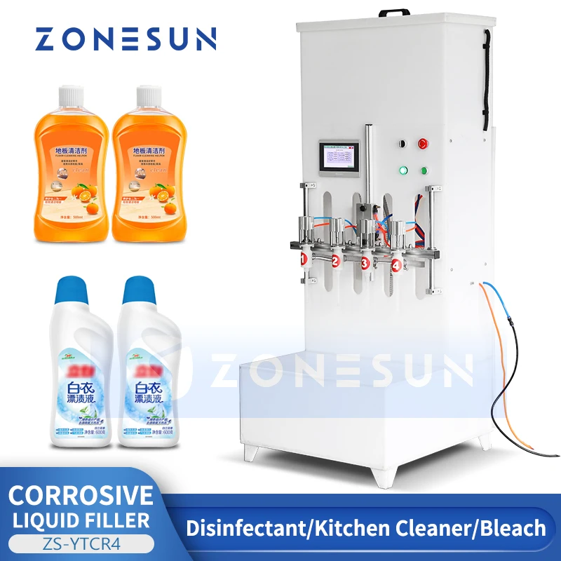 

ZONESUN Diving Head Corrosive Liquid Filling Machine ZS-YTCR4 Semi Automatic Disinfectant Filler Toilet Cleaner Pesticide Bleach