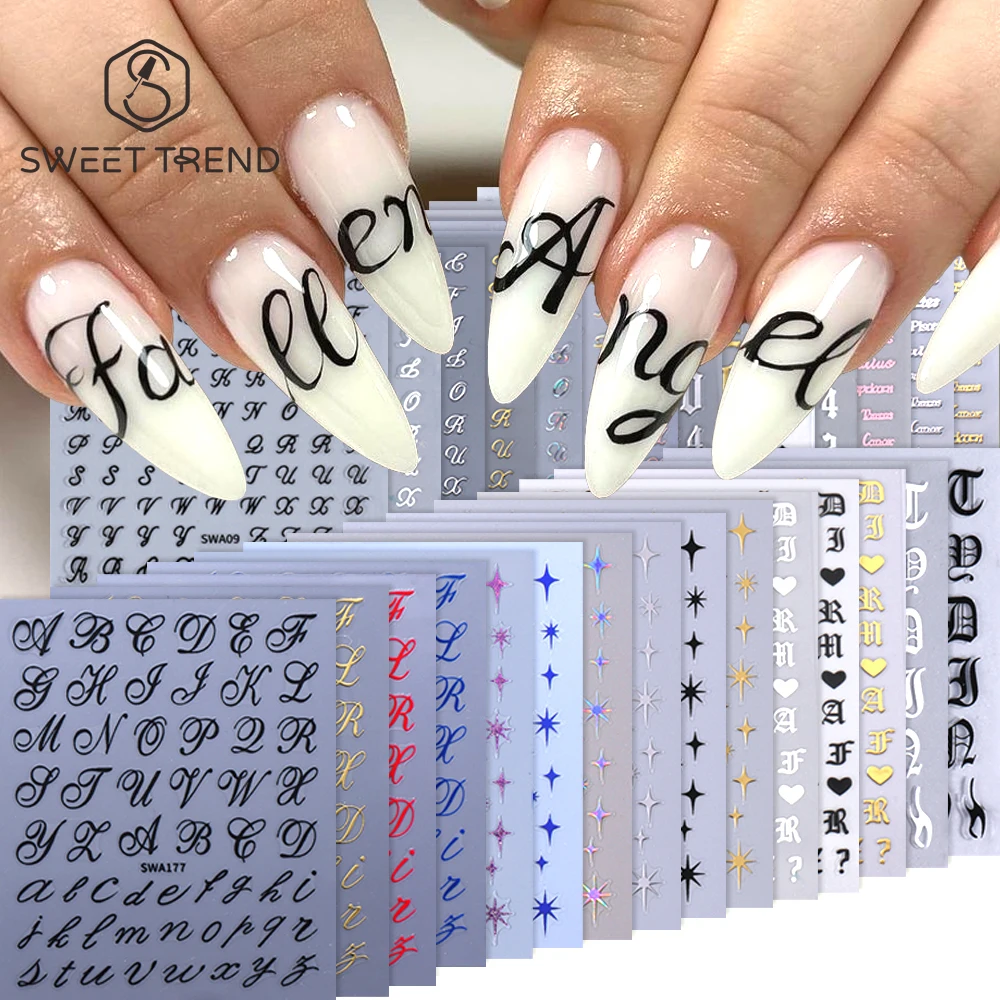 SWEET TREND 4/6/7/10/11pcs Roman Letter Nail Stickers Gold Silver Alphabet English Words Manicure Decor Sliders Nail Decoration