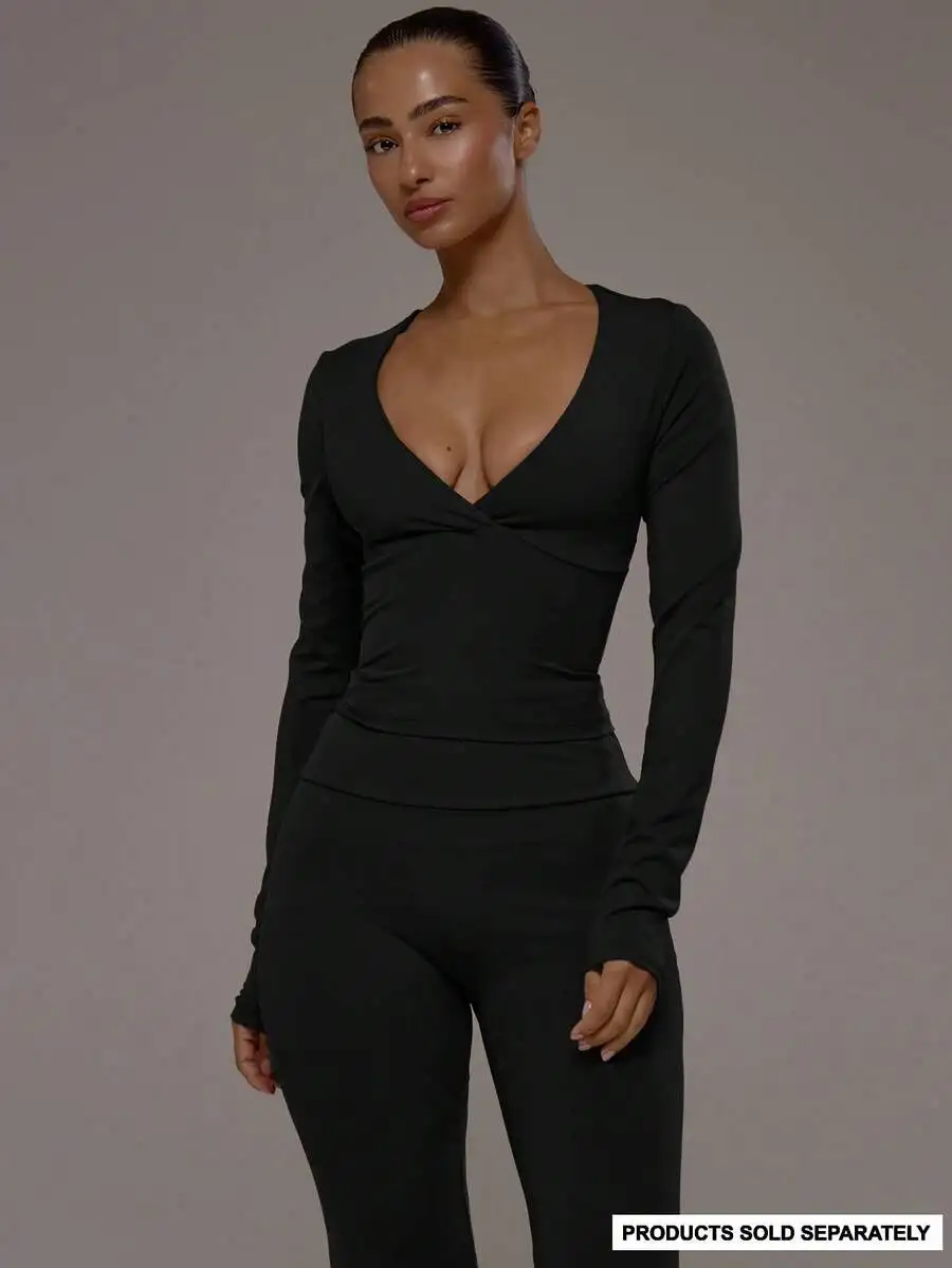 

Wrap Front V-Neck Long Sleeve Active Top For Workout Gym Pilates Fitness Casual