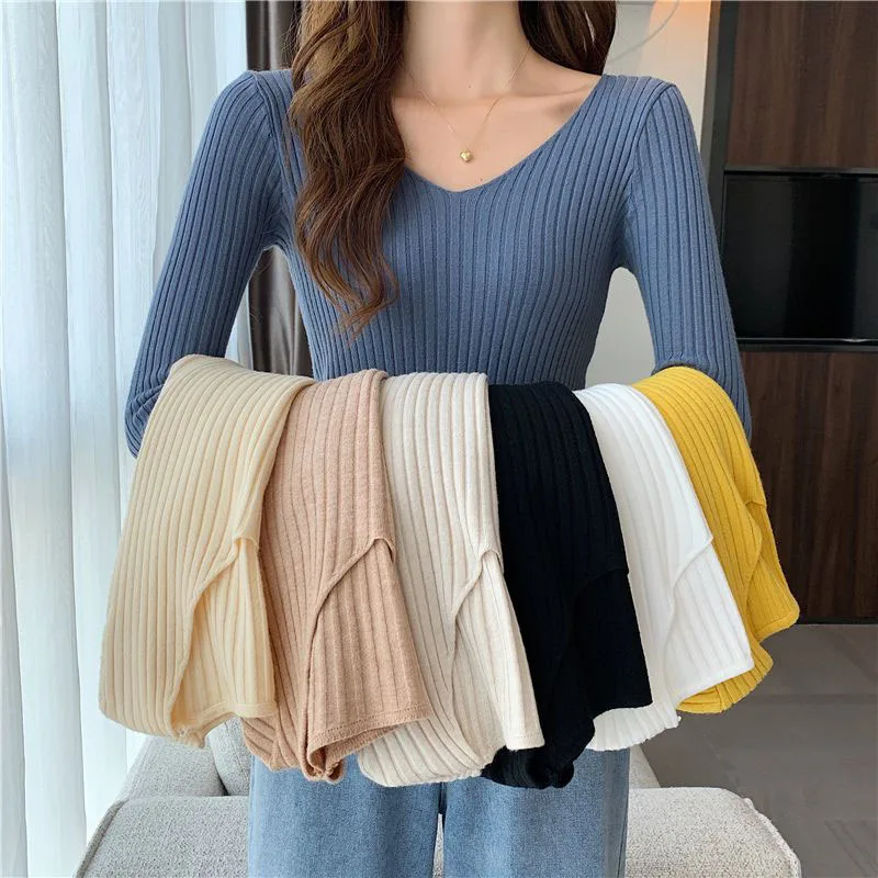 Xpqbb Solid Bottoming Sweater Women Casual Basic V-neck Long Sleeve Knitting Sweaters Woman Autumn New Wild Slim Ribbed Pullover