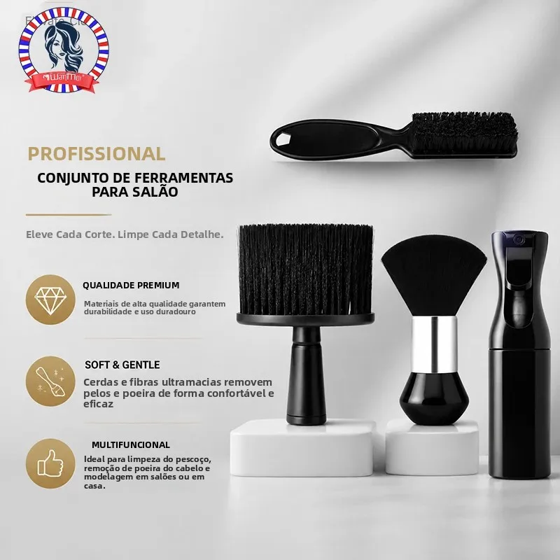 Conjunto Profissional 3/4: Escova para Cabelos Quebrados, Borrifador e Escova Macia para Remoção de Pó do Pescoço, Ideal para Salões e Barbearias