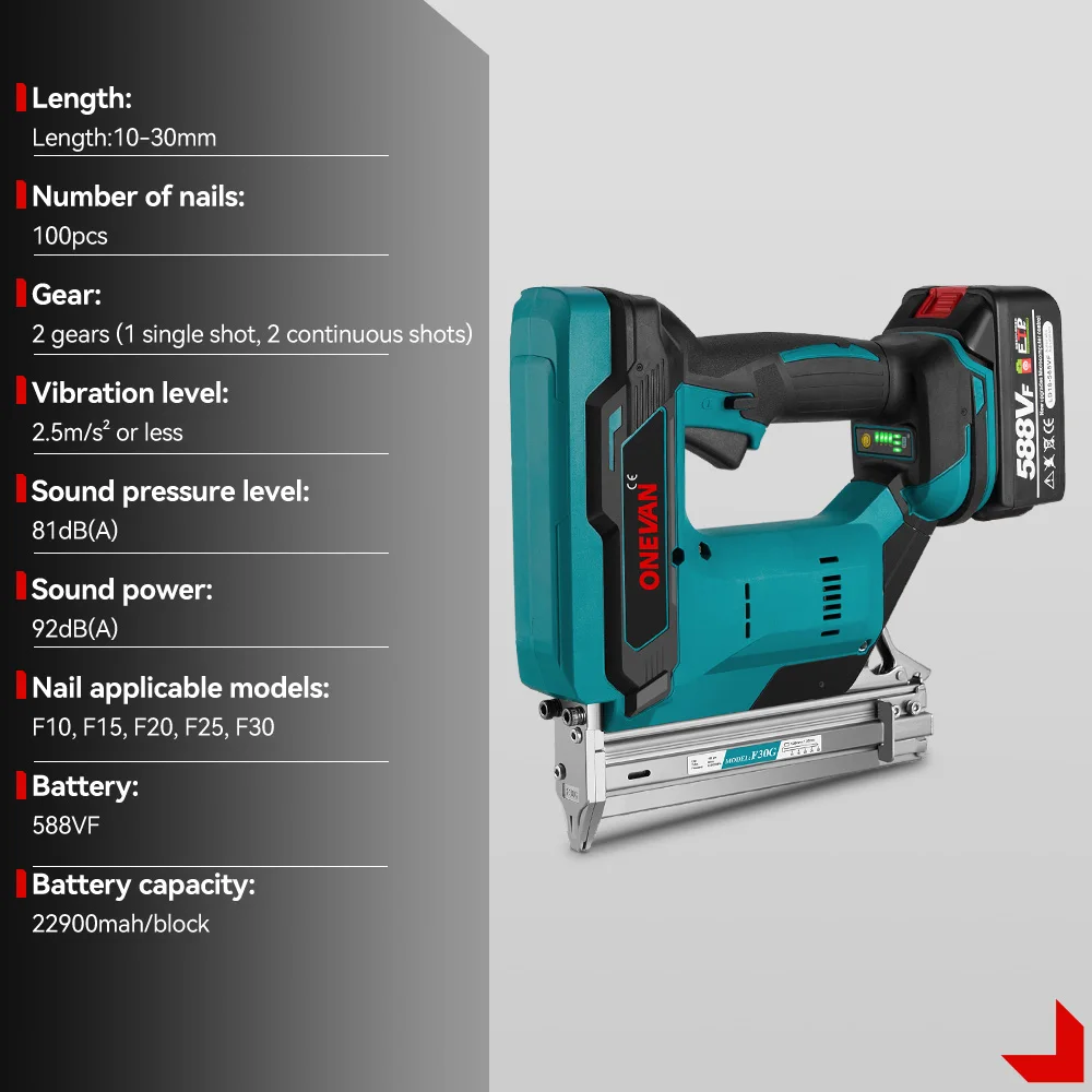 ONEVAN F30G Electric Nail Gun Nailer Stapler Framing Nailer Tacker Furniture Staple Gun Woodworking Tool For Makita 18V Battery