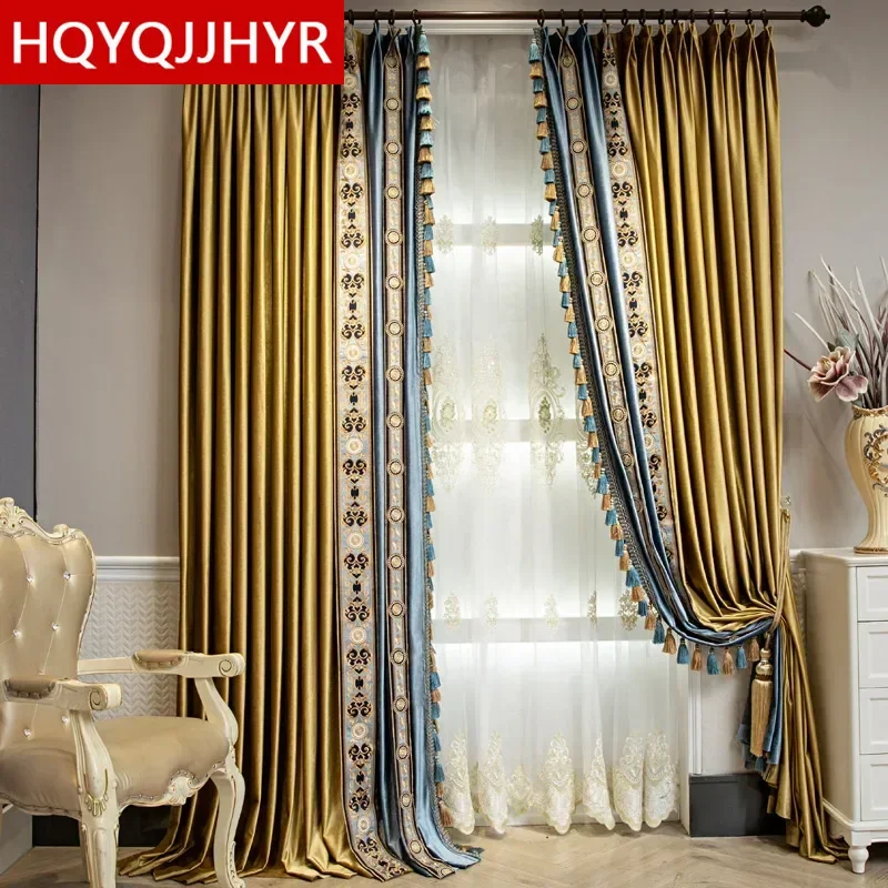 European and American-style Luxury Golden and Blue Shading Velvet Curtains Bedroom Living Room Hotel Villa Customization