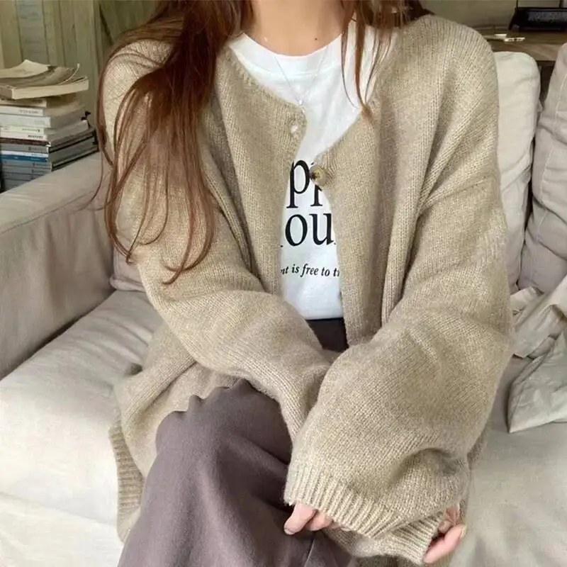 

Корейский ленивый стиль, милый вязаный кардиган, женские винтажные универсальные пальто с длинными рукавами, новые простые кардиганы на одной пуговице, топы