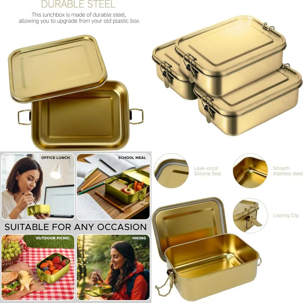 

Золотые ланч-боксы Bento из нержавеющей стали емкостью 1200 мл с крышками — водонепроницаемые контейнеры для хранения продуктов для закусок и еды
