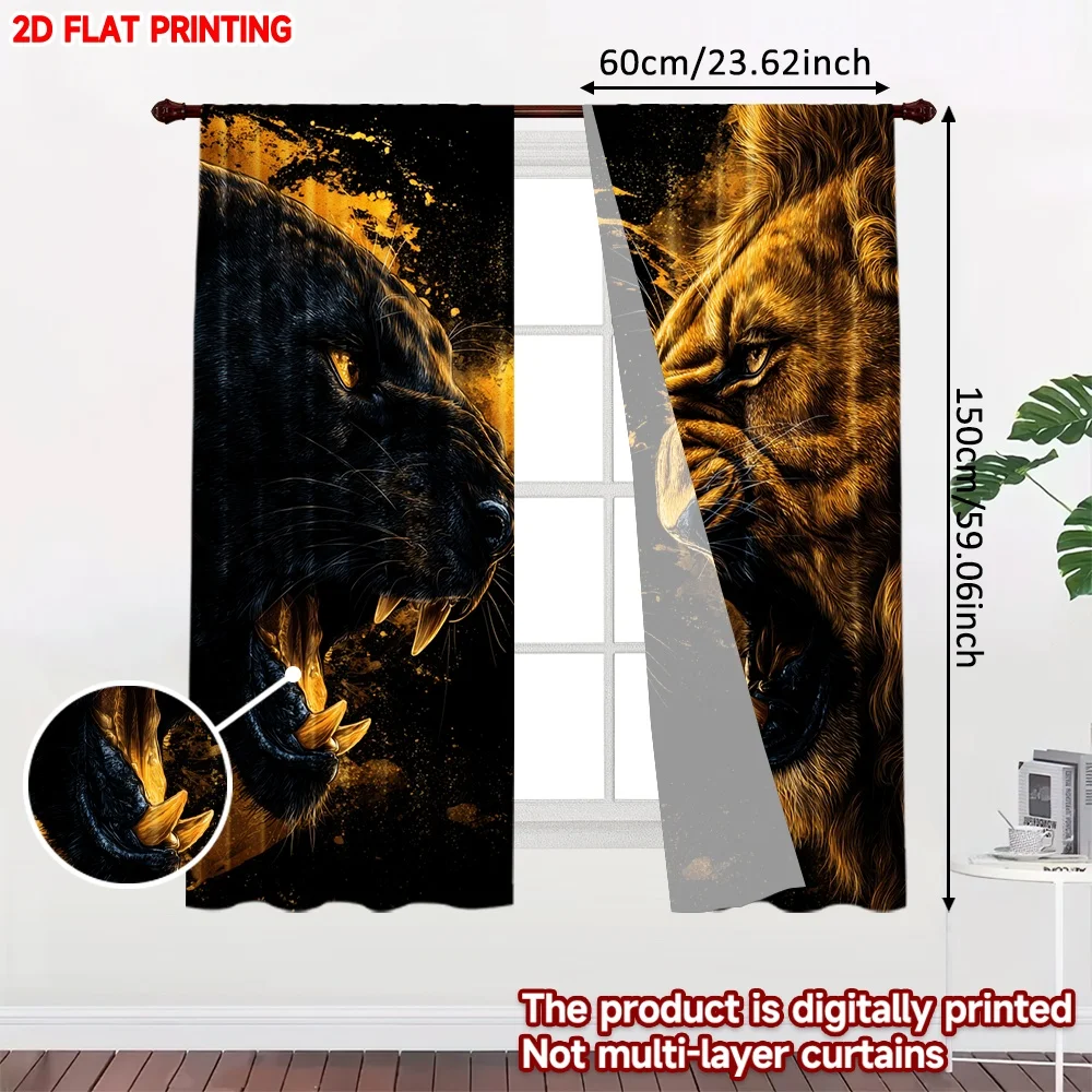 2D flat printing 2pcs Window Curtains Fiery Duel Lion vs Panther Digital Printed Polyester Drapes Festive Wall Decor Use for