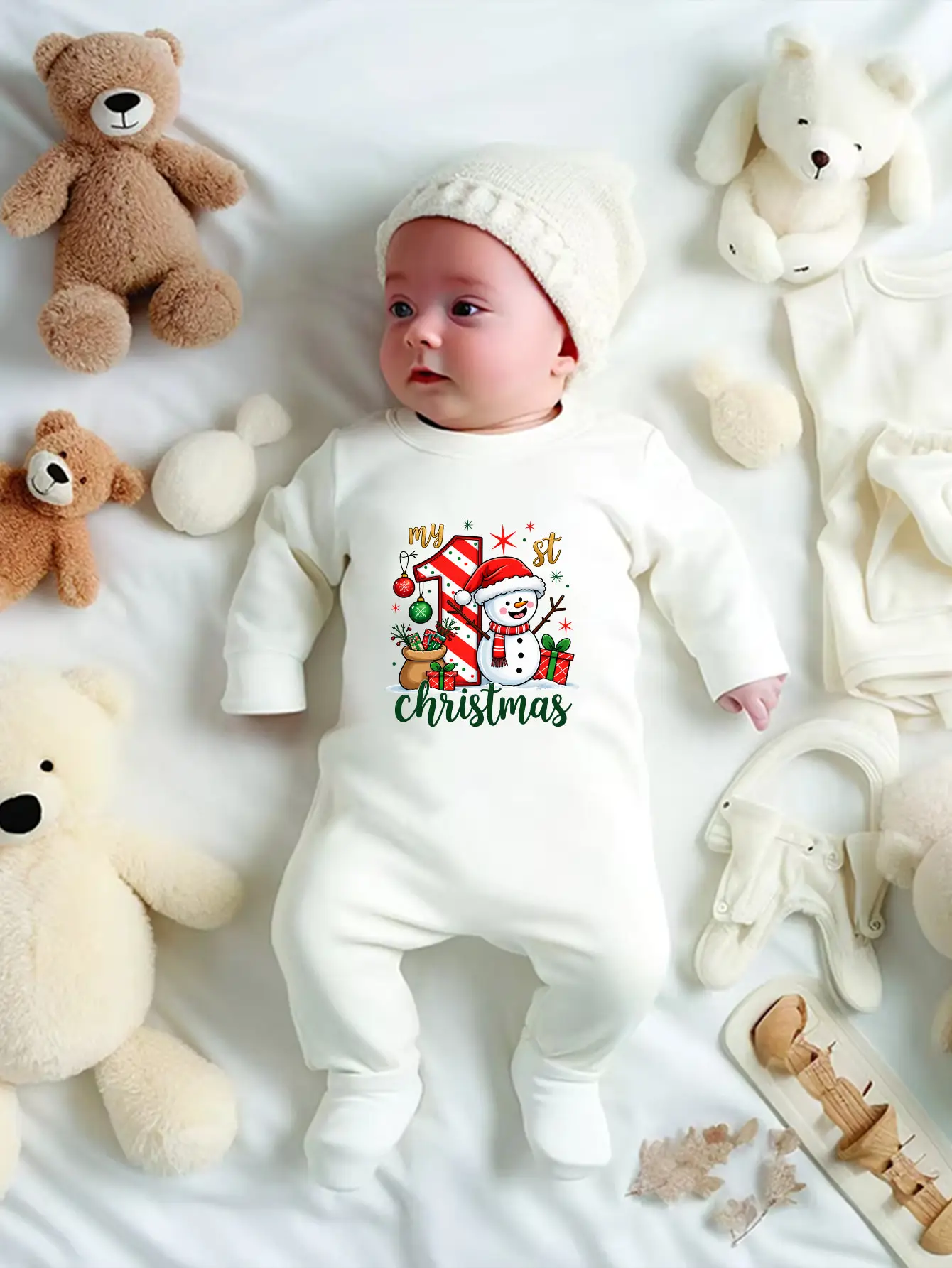 My First Christmas Baby Footed Romper Cute Snowman Print Long Sleeve Newborn Jumpsuit Infant Christmas Outfit Clothes Gift