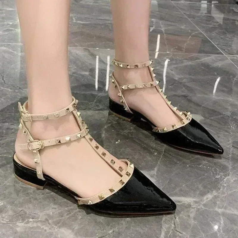 Shoes for Women 2024 Fashion Slingbacks Buckle Female Sandals Spring Pointed Toe Rivet Shallow Sexy Dress Party Low Heels Shoes