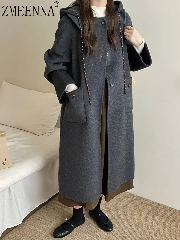 

ZMEENNA Women's Long Wool Coat Winter Hooded Jacket Gray Chic Outerwear Warm Oversized Overcoat With Pockets ZM3743