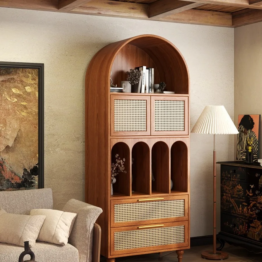 Light luxury arched bookcase braided rattan storage retro solid wood display cabinet