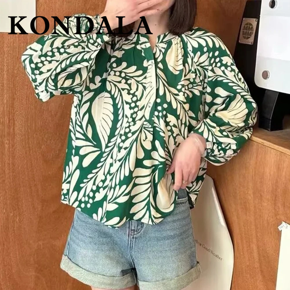 

KONDALA Vintage Print Geometric Loose Woman‘s’ Shirts Lantern Sleeve Single Breasted Chic Blouse Fashion 2025 Oversized Shirts