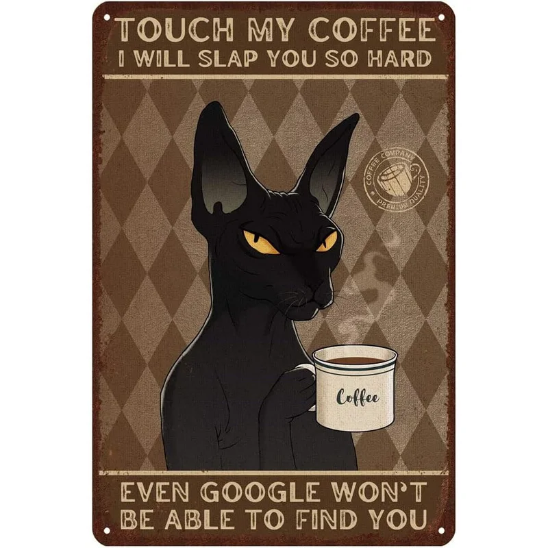 HD Tin Sign Vintage Funny Cat Wall Decor - Retro Black Cat Coffee Guitar Cowboy Cat Metal Poster for Pet Lover Home Man Cave Dec