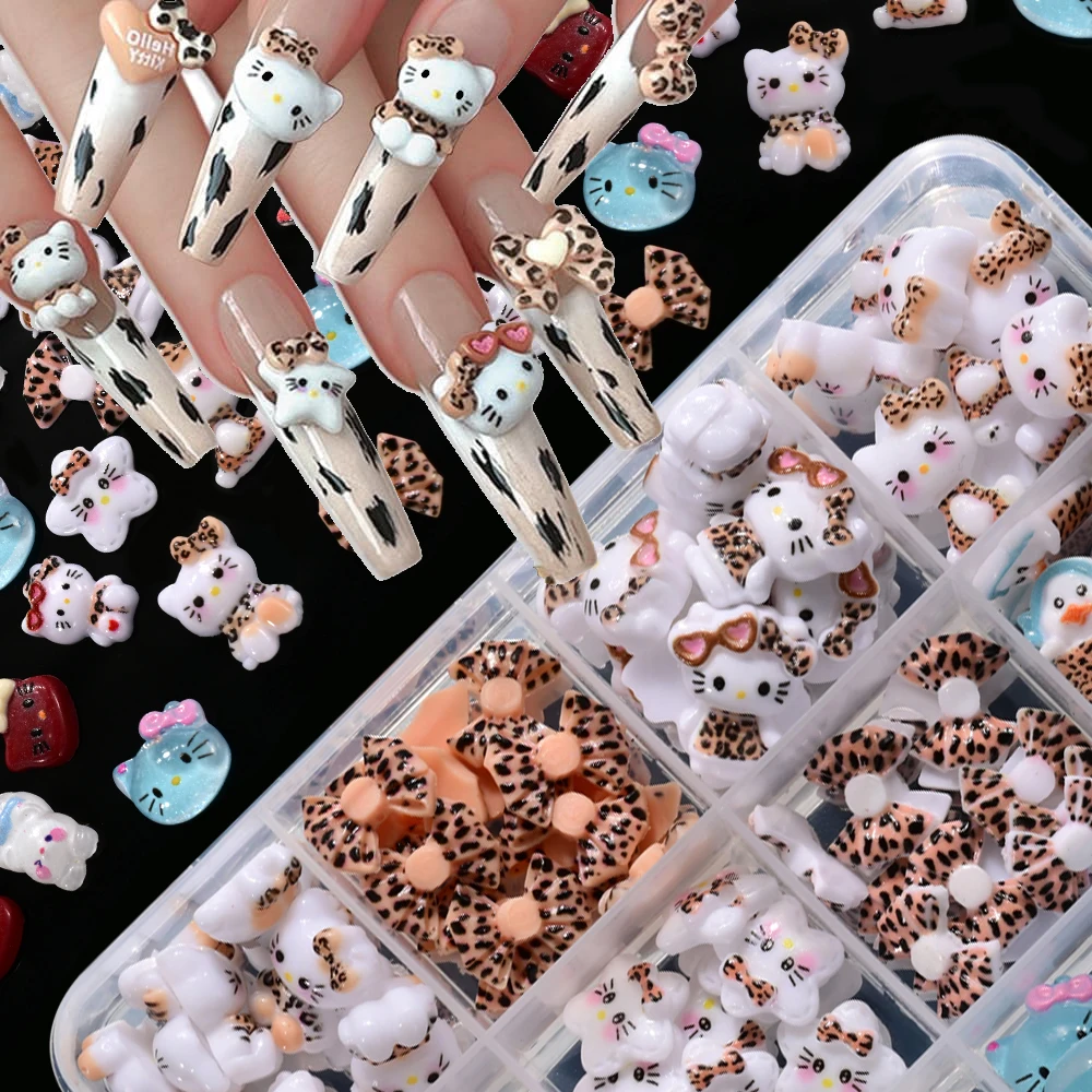 

12Grid 3D Cute Cartoon Leopard Kitty Cat Nail Charms Kawaii Leopard Tannned Hello Kitty Nail Gems Rhinestones Y2K Manicure Parts